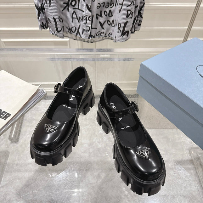 PRADA 26S MARY JANE SHOES 45MM IN BLACK SHINE CALFSKIN