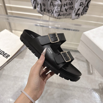 PRADA 26S SLIDES SANDALS IN BLACK CALFSKIN SILVER HARDWARE