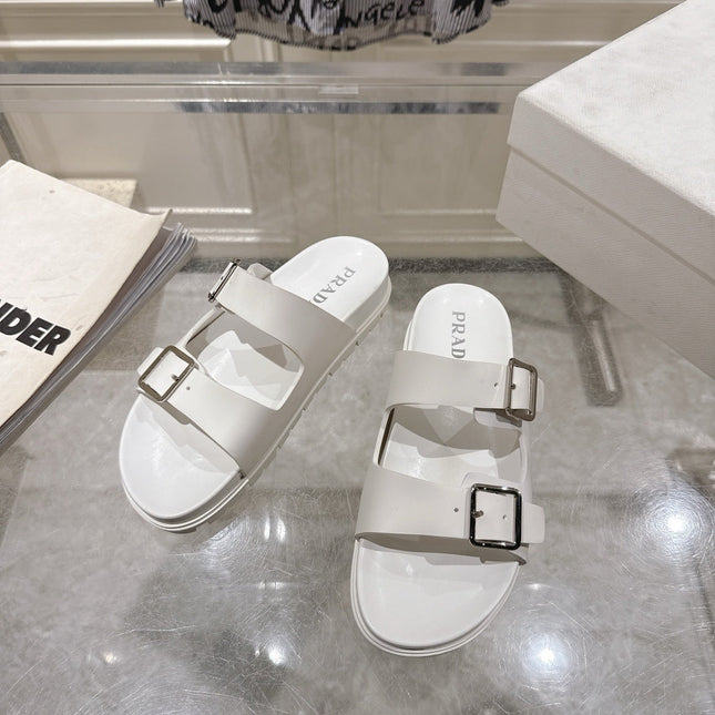 PRADA 26S SLIDES SANDALS IN WHITE CALFSKIN SILVER HARDWARE