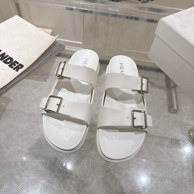 PRADA 26S SLIDES SANDALS IN WHITE CALFSKIN SILVER HARDWARE