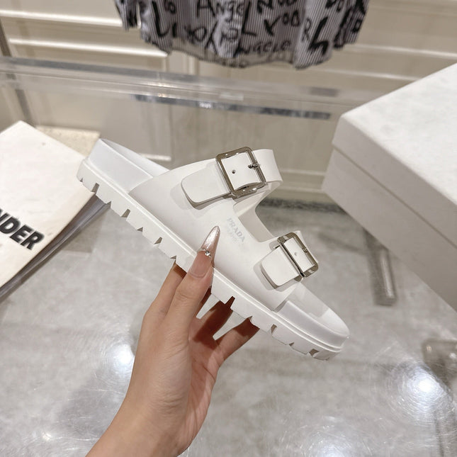 PRADA 26S SLIDES SANDALS IN WHITE CALFSKIN SILVER HARDWARE
