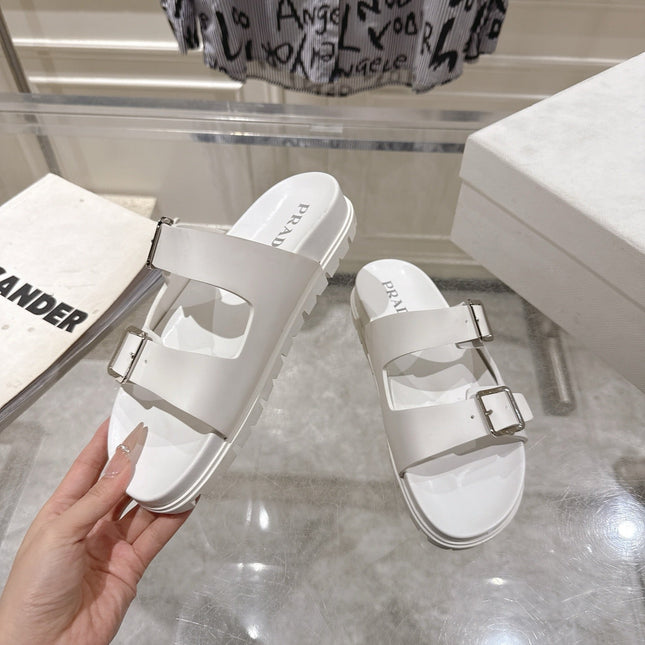 PRADA 26S SLIDES SANDALS IN WHITE CALFSKIN SILVER HARDWARE