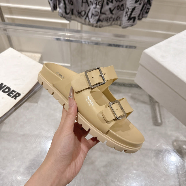PRADA 26S SLIDES SANDALS IN BEIGE CALFSKIN SILVER HARDWARE