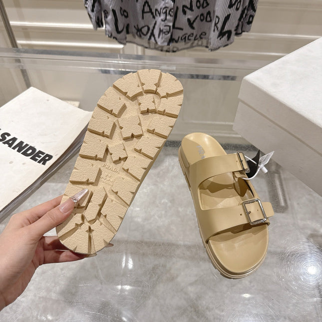 PRADA 26S SLIDES SANDALS IN BEIGE CALFSKIN SILVER HARDWARE