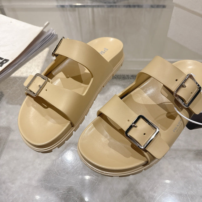 PRADA 26S SLIDES SANDALS IN BEIGE CALFSKIN SILVER HARDWARE