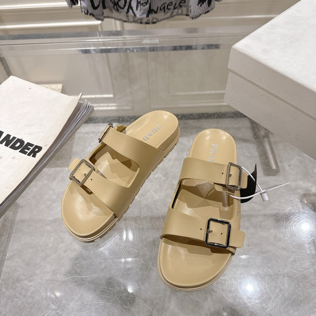 PRADA 26S SLIDES SANDALS IN BEIGE CALFSKIN SILVER HARDWARE