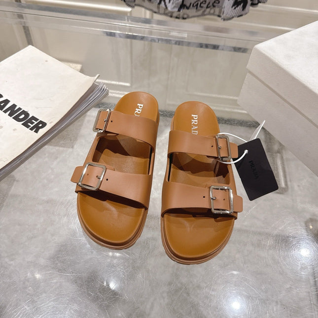 PRADA 26S SLIDES SANDALS IN CARAMEL BROWN CALFSKIN SILVER HARDWARE