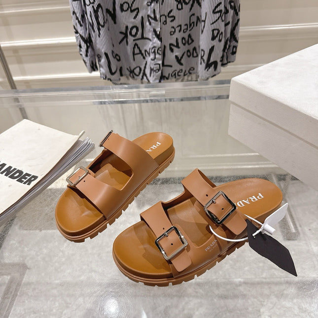 PRADA 26S SLIDES SANDALS IN CARAMEL BROWN CALFSKIN SILVER HARDWARE