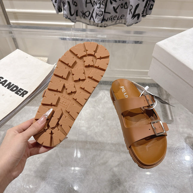 PRADA 26S SLIDES SANDALS IN CARAMEL BROWN CALFSKIN SILVER HARDWARE