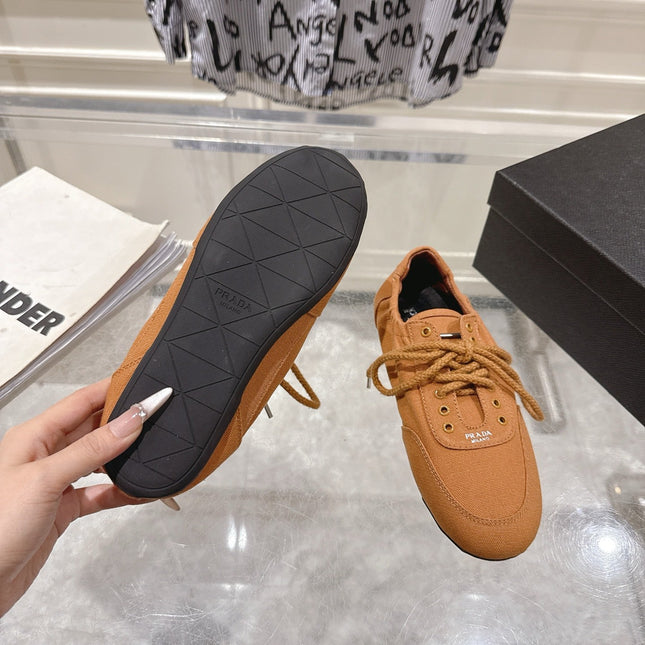 PRADA 26S COLLAPSE SNEAKERS IN CARAMEL BROWN CANVAS