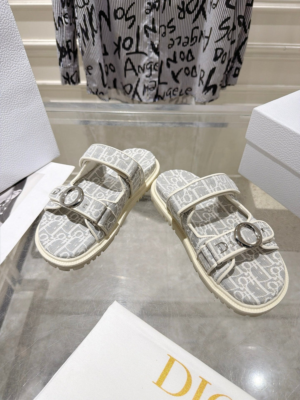DIOR 26S SANDALS IN LIGHT GREY MIX WHITE OBLIQUE CANVAS