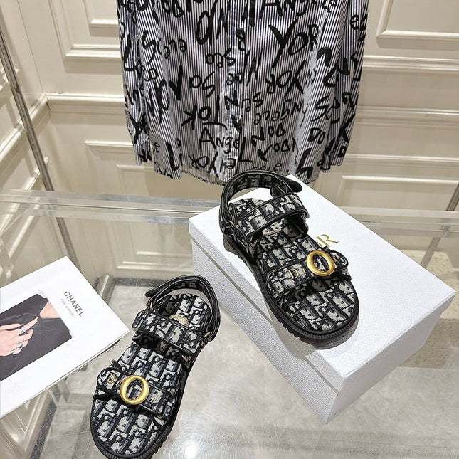 DIOR 26S VELCRO SANDALS IN BLACK MIX WHITE OBLIQUE CANVAS