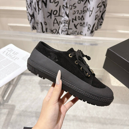 CHANEL 26S LACE UP SNEAKERS IN BLACK SUEDE ROUND TOE