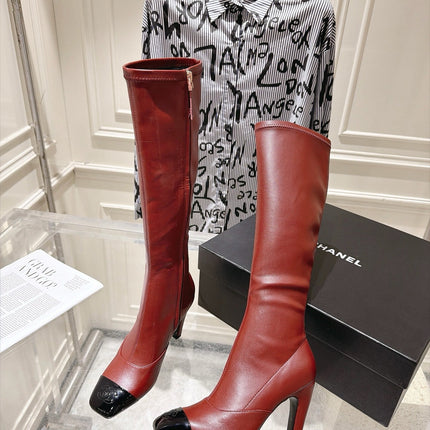 CHANEL 26S HIGH HEEL KNEE HIGH BOOTS 80 MM IN BURGUNDY CALFSKIN AND BLACK PATENT LEATHER