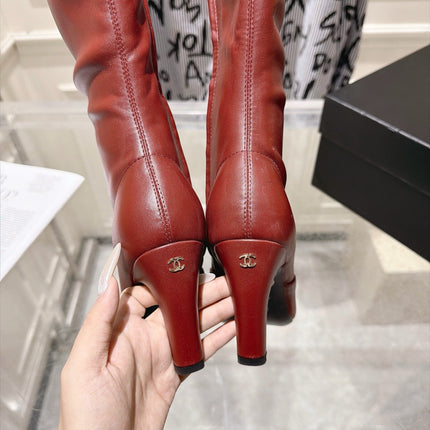CHANEL 26S HIGH HEEL KNEE HIGH BOOTS 80 MM IN BURGUNDY CALFSKIN AND BLACK PATENT LEATHER