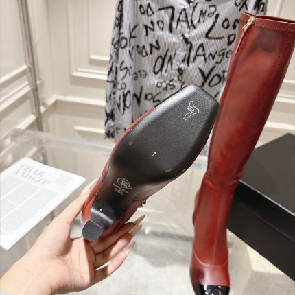 CHANEL 26S HIGH HEEL KNEE HIGH BOOTS 80 MM IN BURGUNDY CALFSKIN AND BLACK PATENT LEATHER