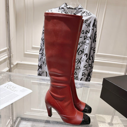 CHANEL 26S HIGH HEEL KNEE HIGH BOOTS 80 MM IN BURGUNDY CALFSKIN AND BLACK PATENT LEATHER