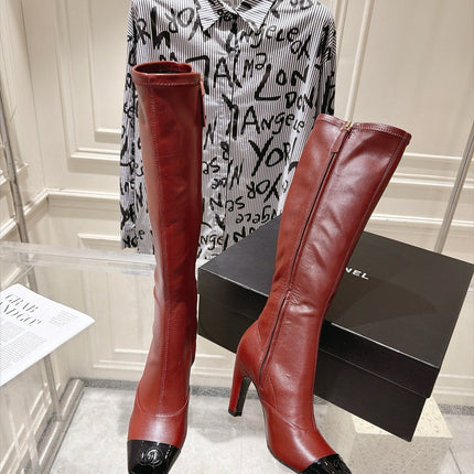 CHANEL 26S HIGH HEEL KNEE HIGH BOOTS 80 MM IN BURGUNDY CALFSKIN AND BLACK PATENT LEATHER