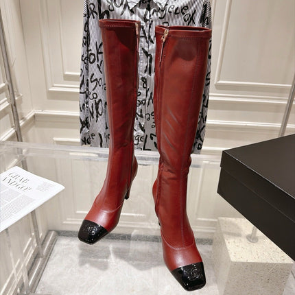 CHANEL 26S HIGH HEEL KNEE HIGH BOOTS 80 MM IN BURGUNDY CALFSKIN AND BLACK PATENT LEATHER