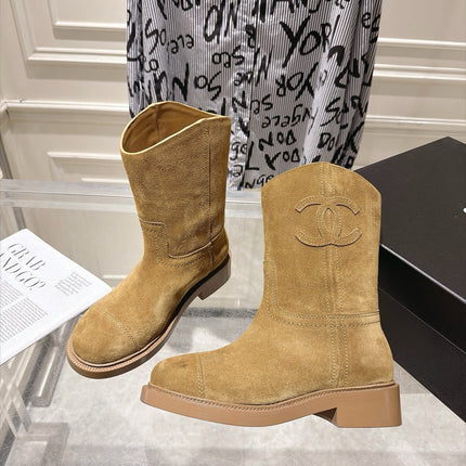 CHANEL 26S MID CALF BOOTS 30 MM IN BEIGE SUEDE