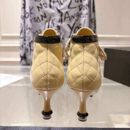 CHANEL 26S HIGH HEEL KNEE HIGH BOOTS 70 MM IN BEIGE LAMBSKIN AND BLACK PATENT CALFSKIN