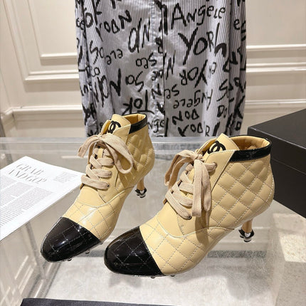 CHANEL 26S HIGH HEEL KNEE HIGH BOOTS 70 MM IN BEIGE LAMBSKIN AND BLACK PATENT CALFSKIN