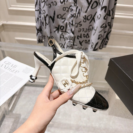 CHANEL 26S SLINGBACK HIGH HEEL SHOES 70 MM IN CREAM WHITE LAMBSKIN AND BLACK PATENT CALFSKIN