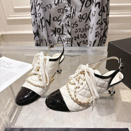 CHANEL 26S SLINGBACK HIGH HEEL SHOES 70 MM IN CREAM WHITE LAMBSKIN AND BLACK PATENT CALFSKIN