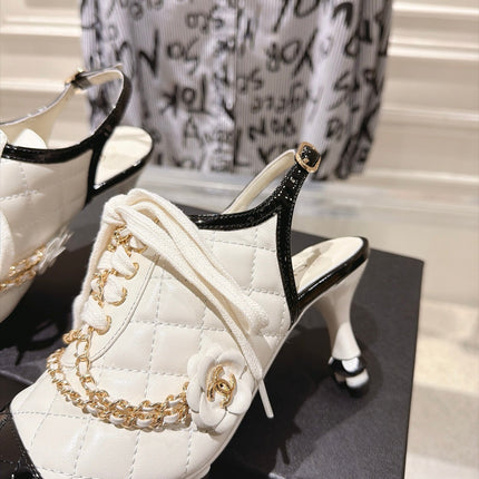 CHANEL 26S SLINGBACK HIGH HEEL SHOES 70 MM IN CREAM WHITE LAMBSKIN AND BLACK PATENT CALFSKIN