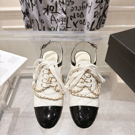 CHANEL 26S SLINGBACK HIGH HEEL SHOES 70 MM IN CREAM WHITE LAMBSKIN AND BLACK PATENT CALFSKIN