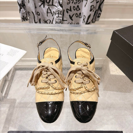 CHANEL 26S SLINGBACK HIGH HEEL SHOES 70 MM IN BEIGE LAMBSKIN AND BLACK PATENT CALFSKIN