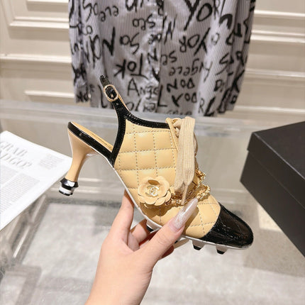CHANEL 26S SLINGBACK HIGH HEEL SHOES 70 MM IN BEIGE LAMBSKIN AND BLACK PATENT CALFSKIN