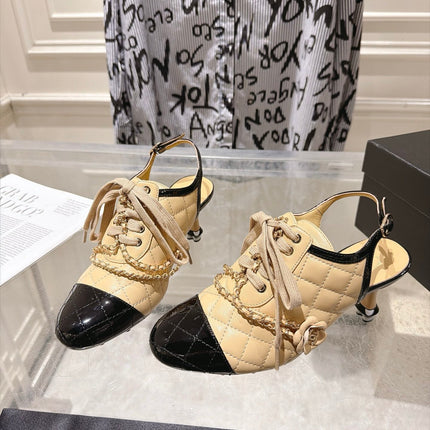 CHANEL 26S SLINGBACK HIGH HEEL SHOES 70 MM IN BEIGE LAMBSKIN AND BLACK PATENT CALFSKIN