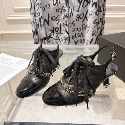 CHANEL 26S SLINGBACK HIGH HEEL SHOES 70 MM IN BLACK LAMBSKIN AND PATENT CALFSKIN