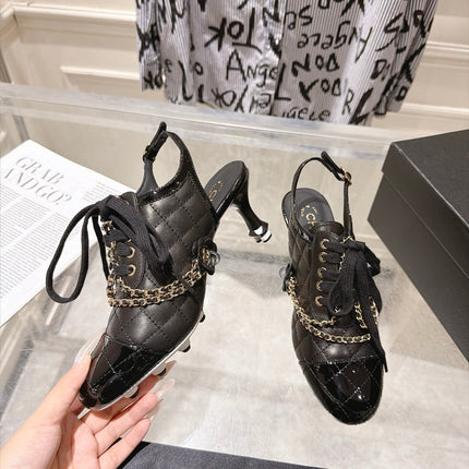 CHANEL 26S SLINGBACK HIGH HEEL SHOES 70 MM IN BLACK LAMBSKIN AND PATENT CALFSKIN