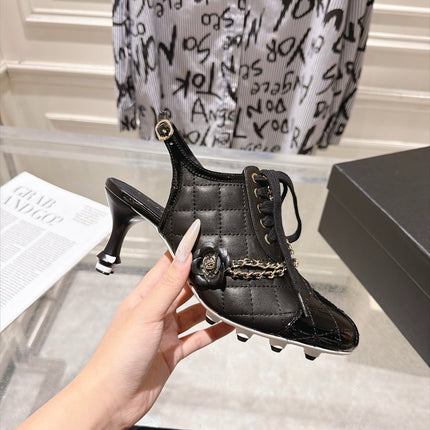 CHANEL 26S SLINGBACK HIGH HEEL SHOES 70 MM IN BLACK LAMBSKIN AND PATENT CALFSKIN