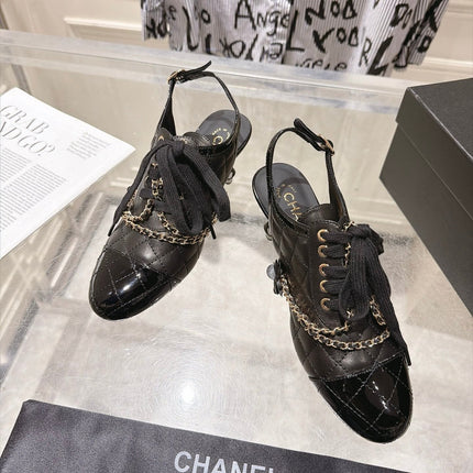 CHANEL 26S SLINGBACK HIGH HEEL SHOES 70 MM IN BLACK LAMBSKIN AND PATENT CALFSKIN