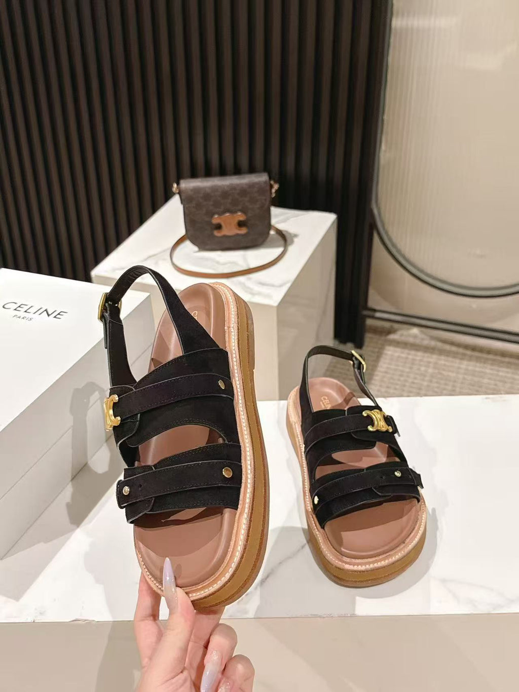 CELINE 25S TIPPI TRIOMPHE SANDAL IN BLACK CALFSKIN SUEDE