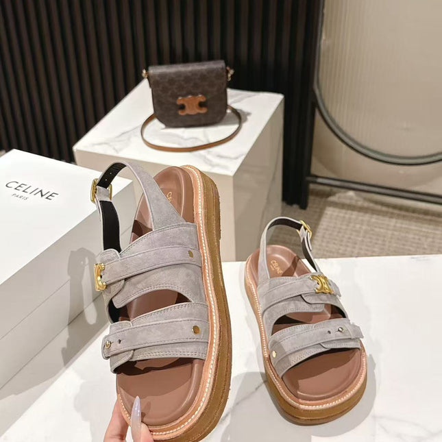 CELINE 25S TIPPI TRIOMPHE SANDAL IN LIGHT GRAY CALFSKIN SUEDE