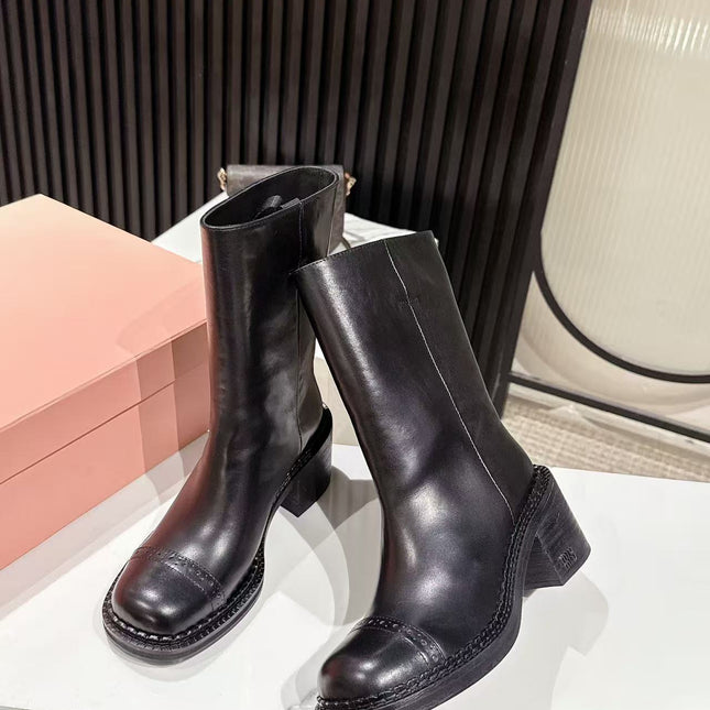 MIUMIU 26S PLATFORM HIGH-HEEL BOOTS 50MM IN BLACK GLOSSY CALFSKIN