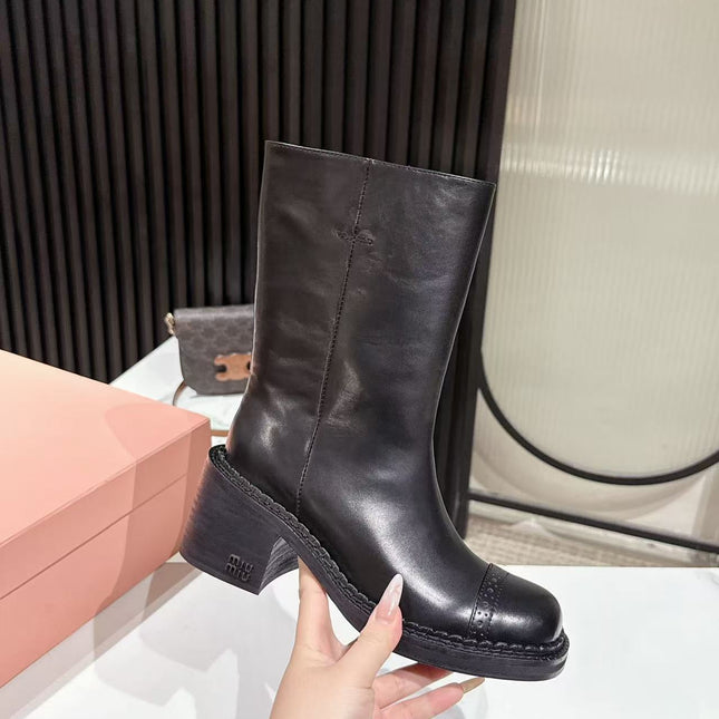 MIUMIU 26S PLATFORM HIGH-HEEL BOOTS 50MM IN BLACK GLOSSY CALFSKIN