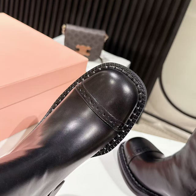 MIUMIU 26S PLATFORM HIGH-HEEL BOOTS 50MM IN BLACK GLOSSY CALFSKIN
