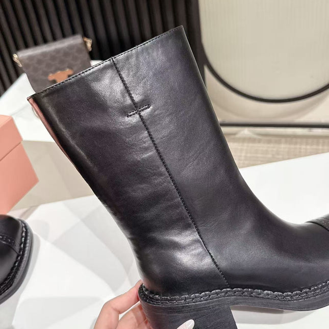 MIUMIU 26S PLATFORM HIGH-HEEL BOOTS 50MM IN BLACK GLOSSY CALFSKIN