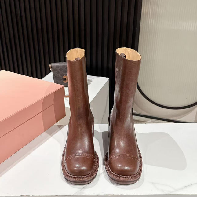 MIUMIU 26S PLATFORM HIGH-HEEL BOOTS 50MM IN BROWN GLOSSY CALFSKIN