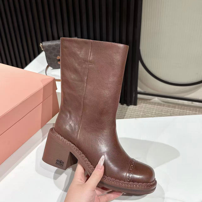MIUMIU 26S PLATFORM HIGH-HEEL BOOTS 50MM IN BROWN GLOSSY CALFSKIN