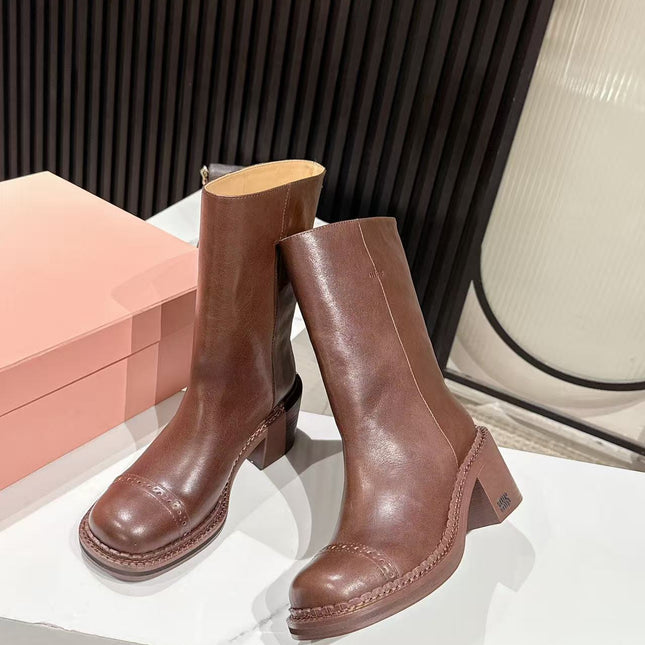 MIUMIU 26S PLATFORM HIGH-HEEL BOOTS 50MM IN BROWN GLOSSY CALFSKIN