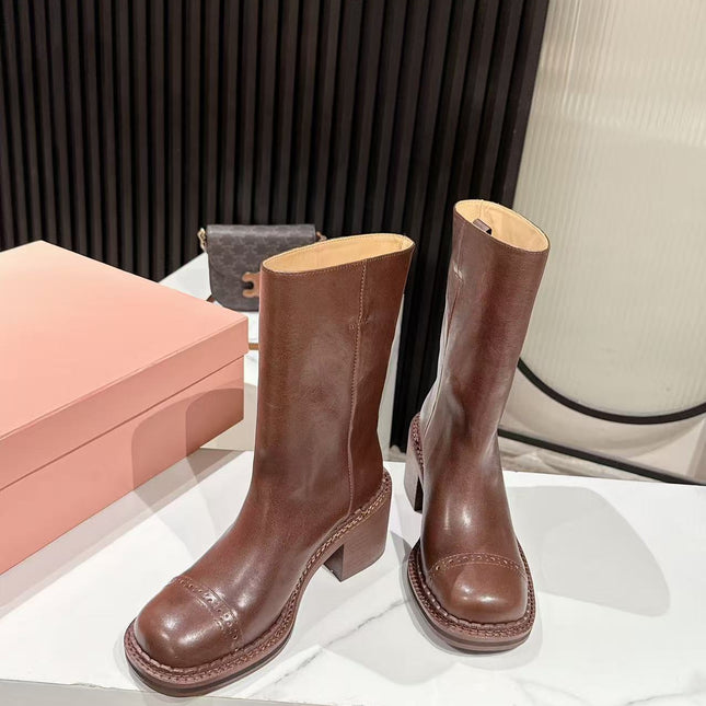 MIUMIU 26S PLATFORM HIGH-HEEL BOOTS 50MM IN BROWN GLOSSY CALFSKIN