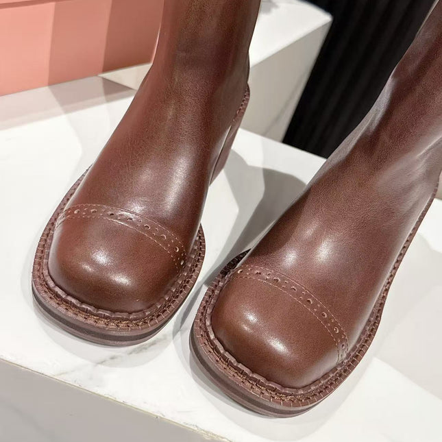 MIUMIU 26S PLATFORM HIGH-HEEL BOOTS 50MM IN BROWN GLOSSY CALFSKIN