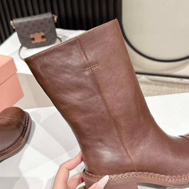 MIUMIU 26S PLATFORM HIGH-HEEL BOOTS 50MM IN BROWN GLOSSY CALFSKIN