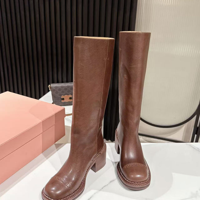 MIUMIU 26S HIGH-ANKLE BOOTS 50MM IN BROWN GLOSSY CALFSKIN